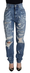Dolce & Gabbana Blue Washed Cotton Tattered Denim Jeans In Blue