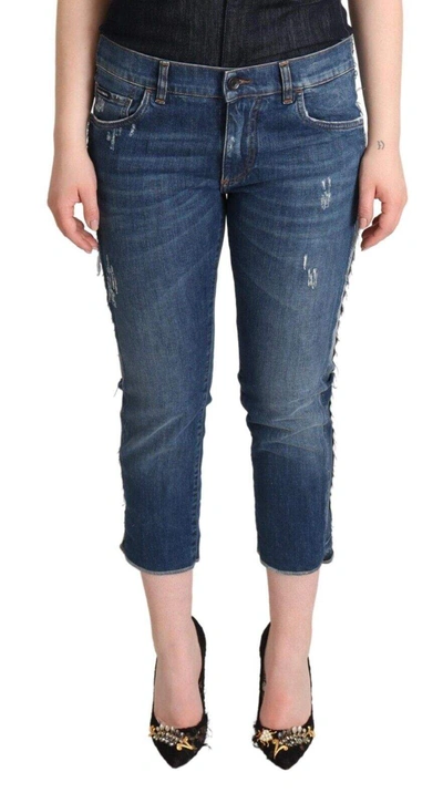 DOLCE & GABBANA BLUE WASHED MID WAIST DENIM LOGO CROPPED JEANS