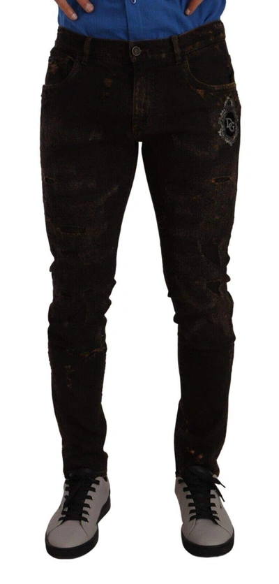 Dolce & Gabbana Brown Dg Crown Logo Cotton Skinny Denim Jeans