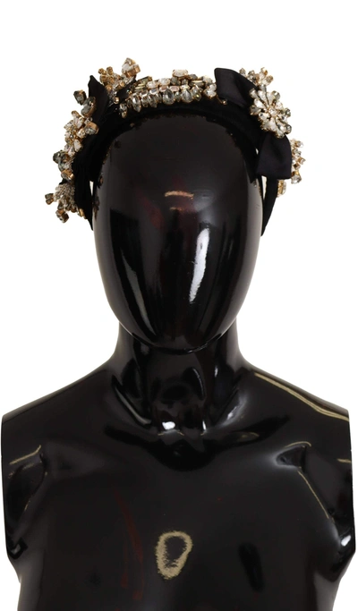 Dolce & Gabbana Clear Crystal Embellished Silk Fiocco Diadem Headband In Gold Black