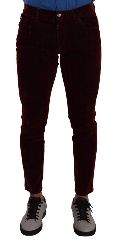 Dolce & Gabbana Dark Red Cotton Velvet Skinny  Denim Jeans In Bordeaux