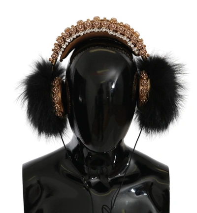 Dolce & Gabbana Gold Black Crystal Fur Headset Audio Headphones