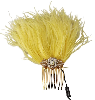 Dolce & Gabbana Gold Brass Clear Crystal Feather Comb Hair Grip Stick In Yellow
