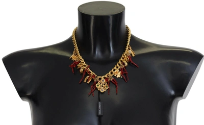 Dolce & Gabbana Gold Brass Crystal Logo Chili Statement Necklace