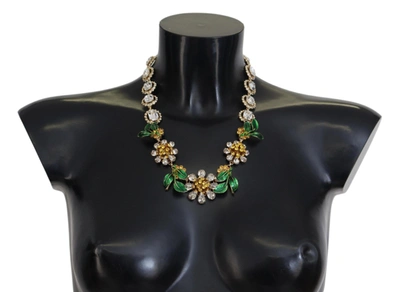 Dolce & Gabbana Gold Brass Crystal Logo Floral Statement Necklace