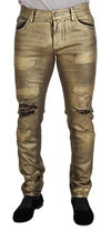 Dolce & Gabbana Gold Cotton Tattered Skinny  Denim Jeans In Gold