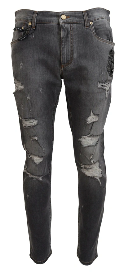 Dolce & Gabbana Gray Embroidery Tattered Slim Fit Denim Jeans