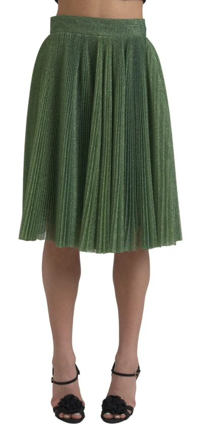 DOLCE & GABBANA METALLIC GREEN HIGH WAIST A-LINE PLEATED SKIRT