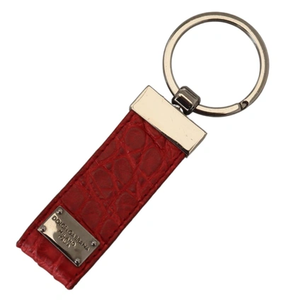 Dolce & Gabbana Red Leather Logo Plaque Silver Brass Keychain