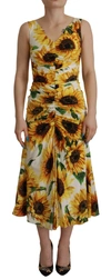 DOLCE & GABBANA WHITE SUNFLOWER PRINT SHEATH MIDI SILK