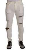 DOLCE & GABBANA WHITE TATTERED SKINNY COTTON  DENIM JEANS