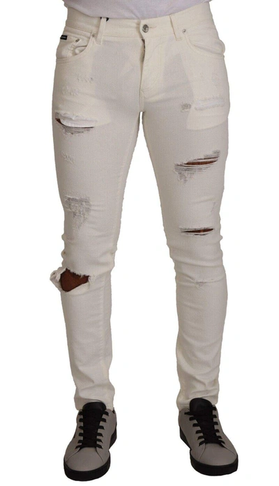 Dolce & Gabbana White Tattered Skinny Cotton  Denim Jeans