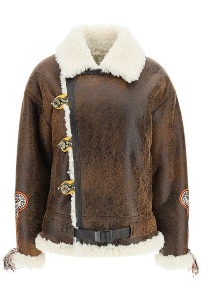 Etro Gina Leather Shearling Aviator Jacket In Brown