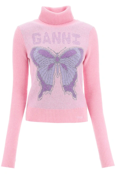 Ganni Butterfly Turtleneck Sweater In Pink