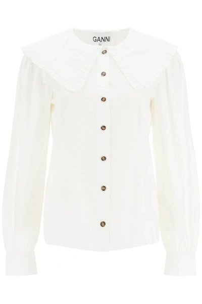 Ganni Cotton Shirt With Oversized Collar In White