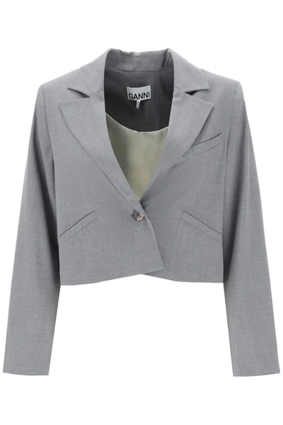 Ganni Cropped Single-breasted Jacket In Grey