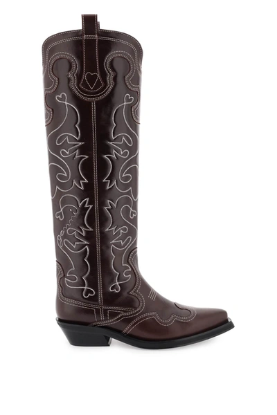 Ganni Burgundy Embroidered Western Boots In Mixed Colours