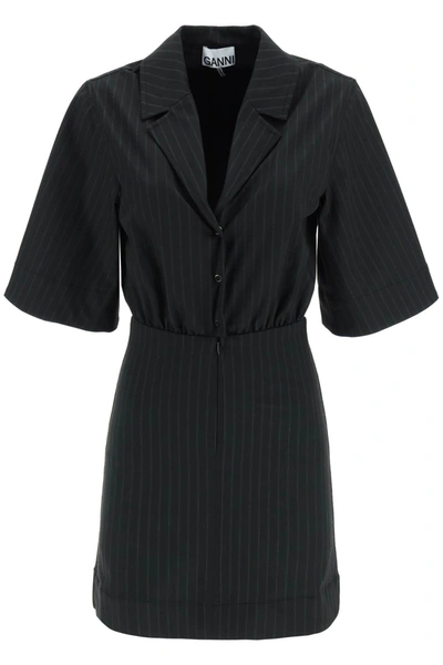 Ganni Pinstripe Mini Dress In Black