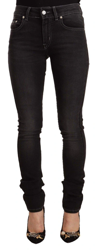 Gf Ferre' Black Washed Mid Waist Cotton Denim Skinny Jeans