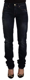 Gf Ferre' Dark Blue Washed Mid Waist Cotton Denim Skinny Jeans In Blue