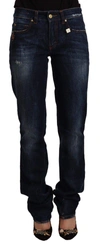 Gf Ferre' Dark Blue Washed Mid Waist Cotton Denim Straight Jeans In Blue
