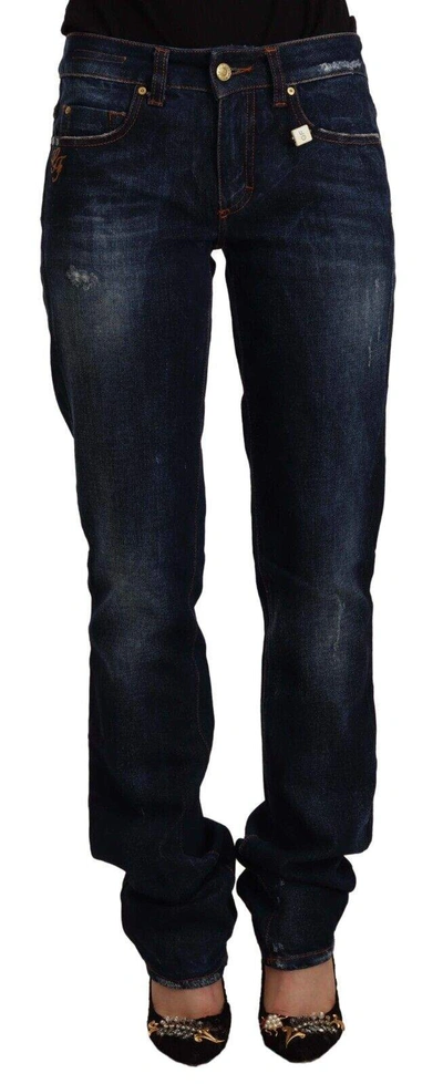 Gf Ferre' Dark Blue Washed Mid Waist Cotton Denim Straight Jeans