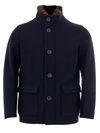 HERNO BLUE WOOL JACKET WITH FUR COLLAR