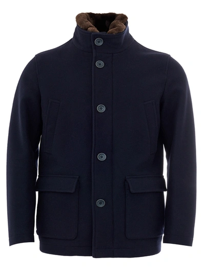 Herno Blue Wool Jacket With Fur Collar