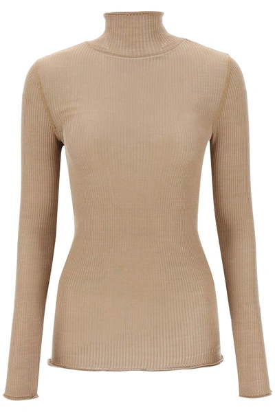 Lemaire Seamless Silk Turtleneck Sweater In Beige