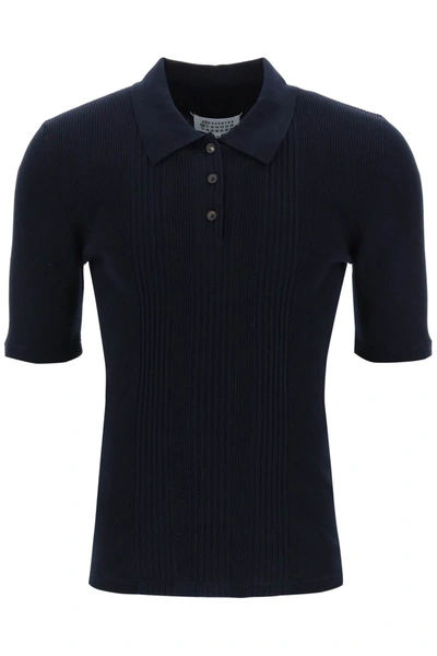 Maison Margiela Cotton Ribbed Knit Polo In Blue