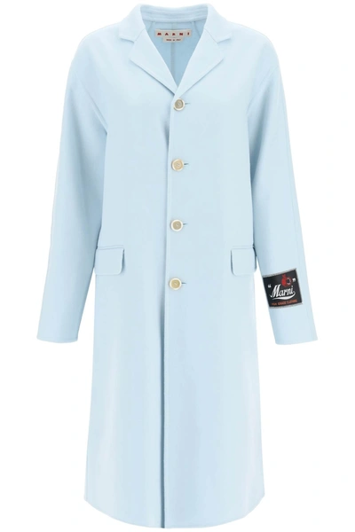 Marni Logo-patch Single-breasted Coat In Light Blue