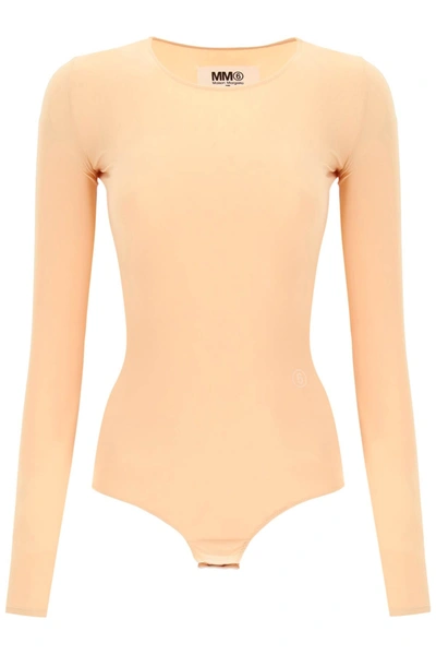 Mm6 Maison Margiela Long Sleeve Lycra Bodysuit In Beige