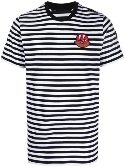 Moncler Striped Logo Patch T- Shirt In Black/white In Multi-colored
