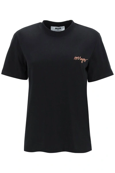 Msgm Logo-embroidered Cotton T-shirt In Black