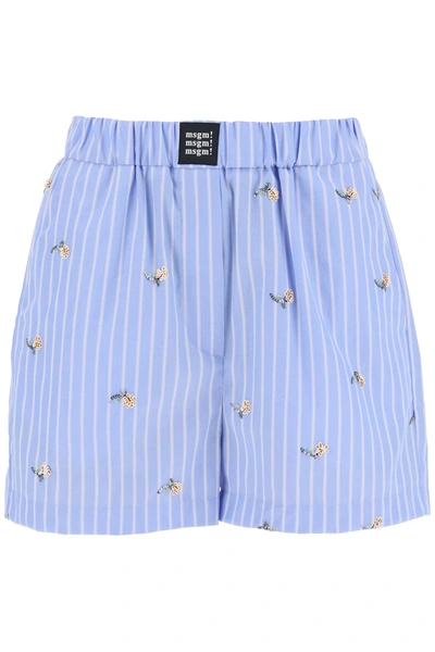 MSGM STRIPED POPLIN SHORTS WITH SEQUIN FLOWERS