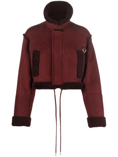 Off-white Cropped Faux Shearling-trimmed Suede Jacket In Burgundy