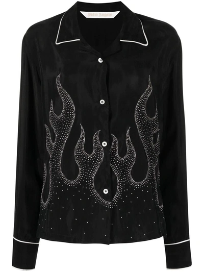 Palm Angels Flame-embroidered Shirt Crystal Embellishments In Black