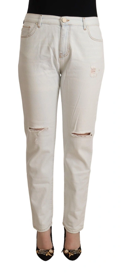 Pinko White Cotton Distressed Mid Waist Skinny Denim Jeans