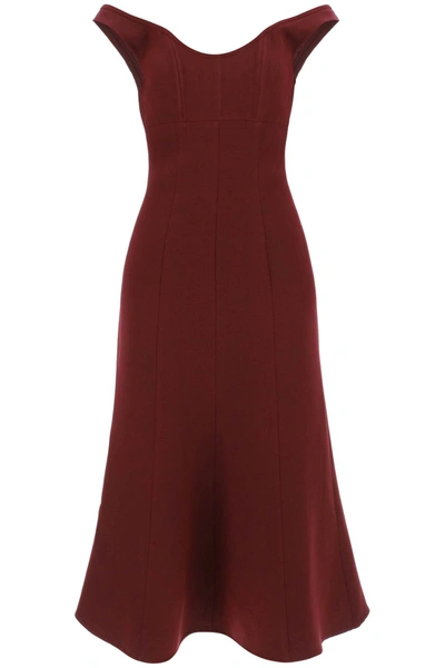 Roland Mouret Off Shoulder Fitted Pleated Midi Dress In Purple