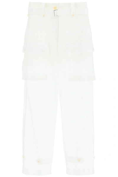 Sacai Monogram Lace Cargo Trousers In White