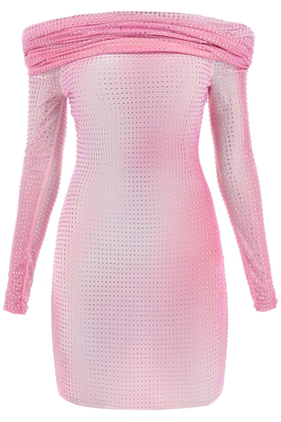 Self-portrait Off-the-shoulder Crystal-embellished Ombre Stretch-mesh Mini Dress In Pink