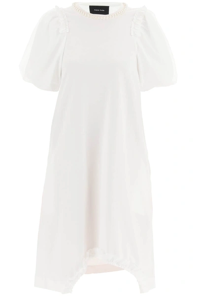 Simone Rocha Cotton Dress With Tulle Sleeves And Pearls In White