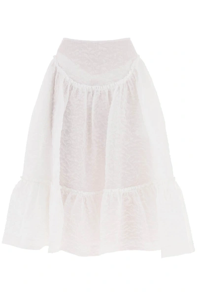 Simone Rocha Floral Midi Skirt With Yoke Waist And Flounced Hem In White