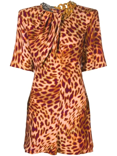 Stella Mccartney Cheetah Mini Dress In Martini Pink Cotton With Falabella Chain In Animal Print