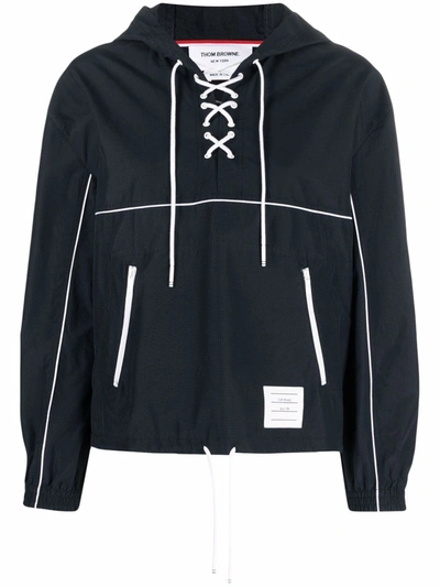Thom Browne Logo-patch Hooded Lace-up Anorak In Blue