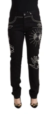 Valentino Black Cotton Mid Waist Embellished Slim Fit Jeans In Black