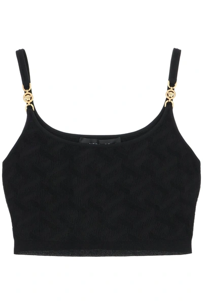 Versace Cropped Embellished Knitted Top In Black
