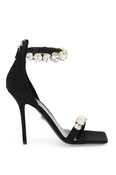 Versace 110mm Crystal-embellished Silk Stiletto Sandals In Black