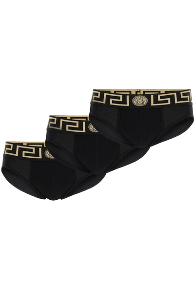 Versace Underwear Briefs Tri-pack In Black Gold Greek Key (black)