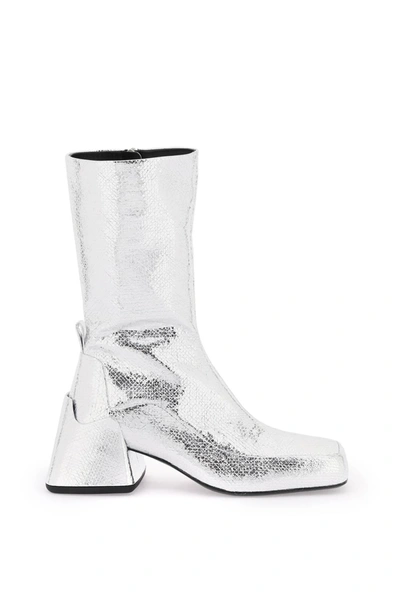 Jil Sander Cracked Effect Laminated Leather Boots In Silver